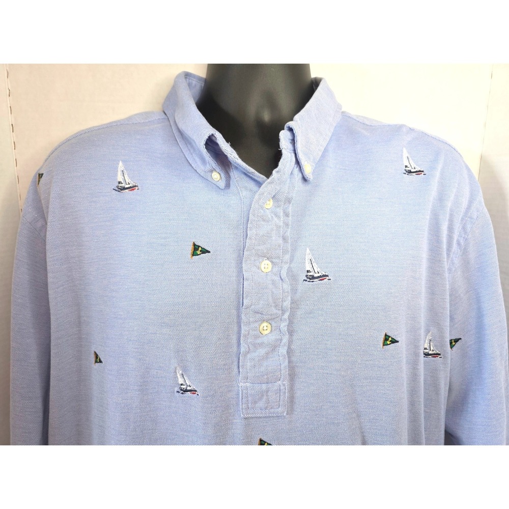 Ralph Lauren Polo Shirt Mens XLT Tall Blue Sailboat Flag Print Knit Oxford Pique - Picture 2 of 8
